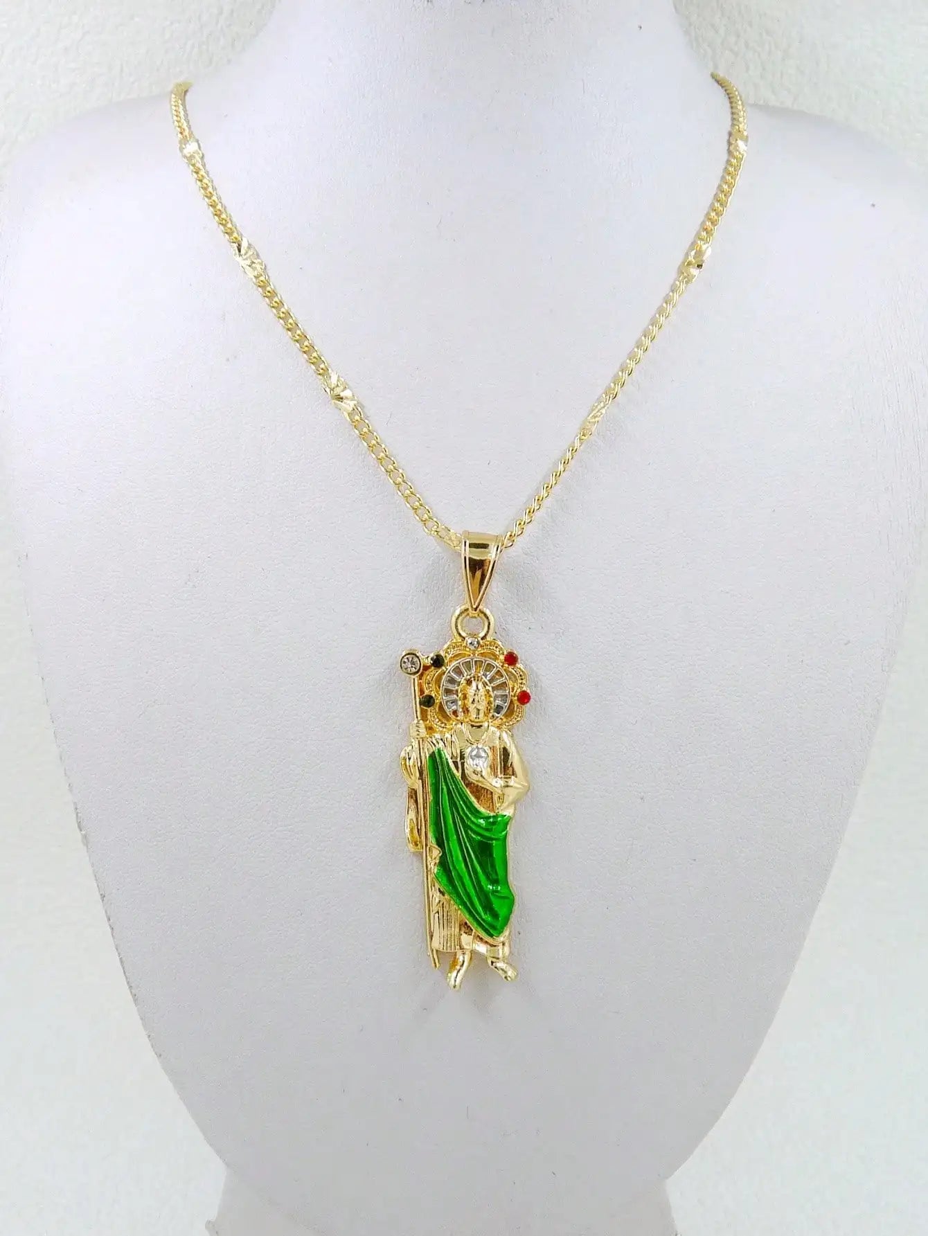 1 Piece 14K Gold Plated Green St. Judas St. Jude Pendant Necklace