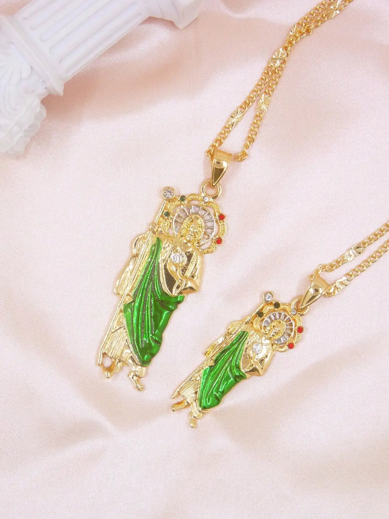 1 Piece 14K Gold Plated Green St. Judas St. Jude Pendant Necklace