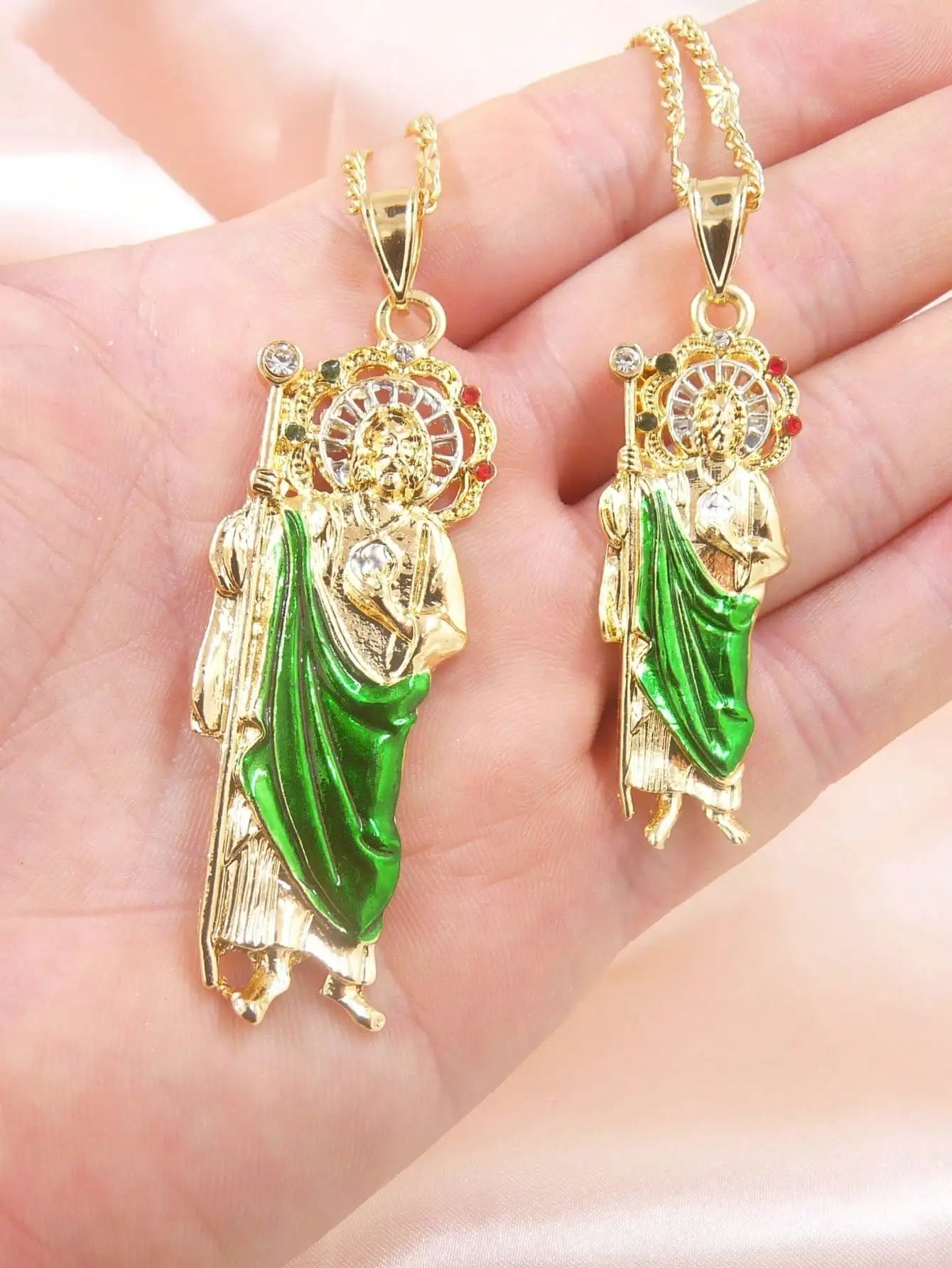 1 Piece 14K Gold Plated Green St. Judas St. Jude Pendant Necklace