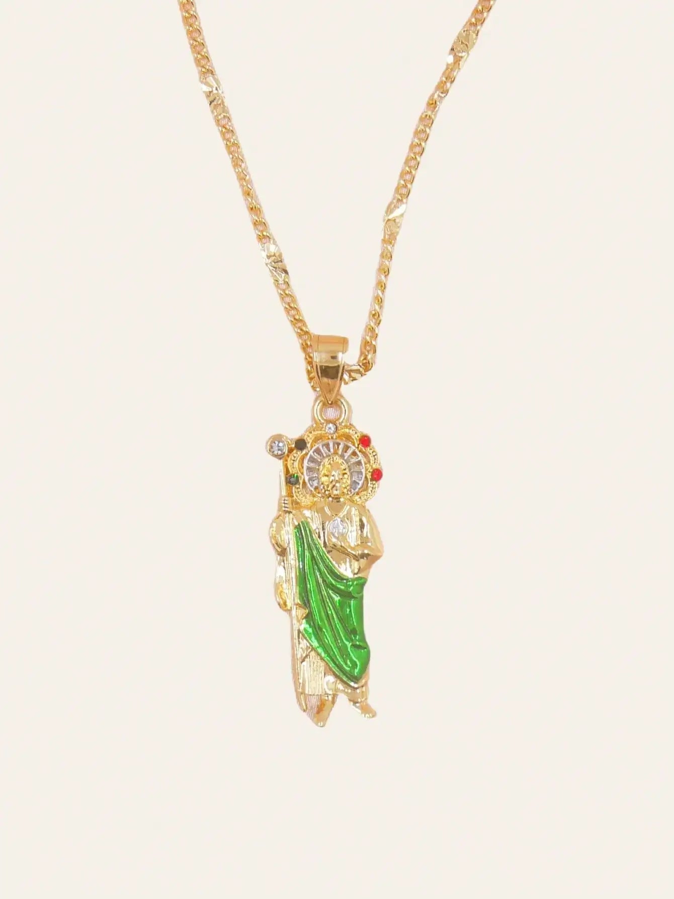 1 Piece 14K Gold Plated Green St. Judas St. Jude Pendant Necklace