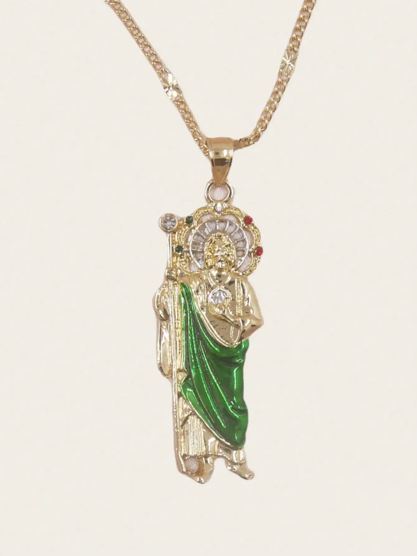 1 Piece 14K Gold Plated Green St. Judas St. Jude Pendant Necklace