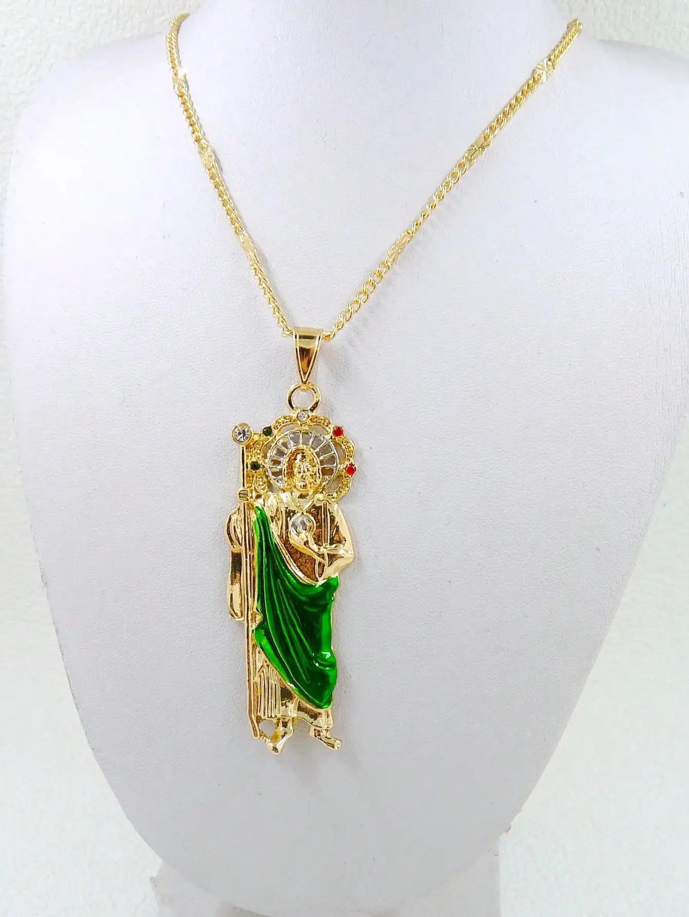 1 Piece 14K Gold Plated Green St. Judas St. Jude Pendant Necklace