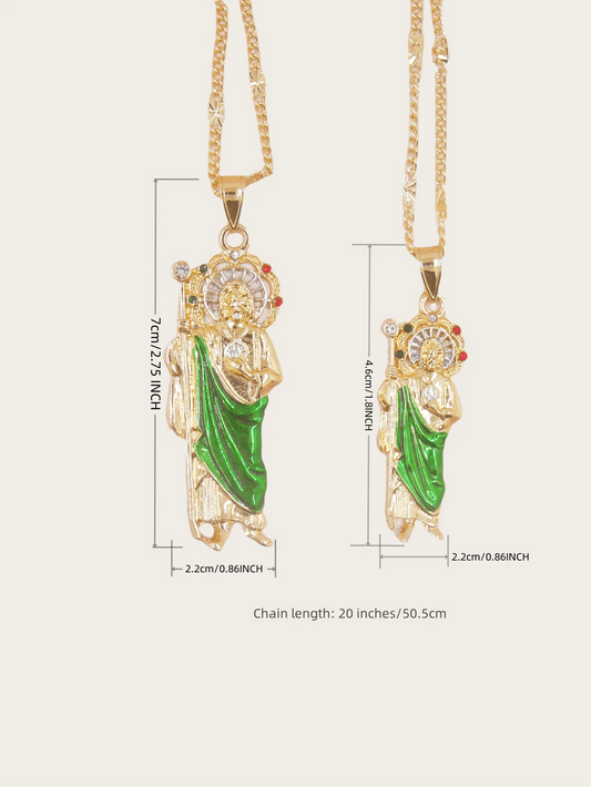 1 Piece 14K Gold Plated Green St. Judas St. Jude Pendant Necklace