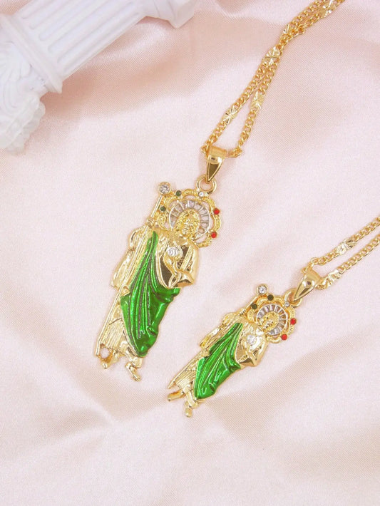 1 Piece 14K Gold Plated Green St. Judas St. Jude Pendant Necklace